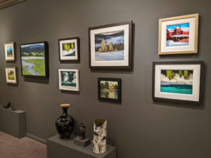 Robert P. Roy wall, including a new 24 x 30 (L) from his regular page. Ceramics by Bill Boyd, Geoff Searle and Bev Ellis.