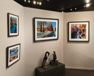 Mike Svob alcove, including a new 24 x 36 piece from his regular page. Sculpture by Herb Latreille and Nicola Prinsen.