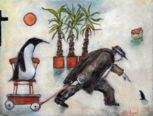 SOLD "The Infinite Gratitude of a Rescued Penguin," by Michael Hermesh 8 x 10 1/4 - acrylic $850 in artist-supplied frame