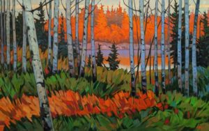 "Aspen Grove Eve, NWT," by Graeme Shaw 30 x 48 - oil $4590 (artwork continues onto edges of wide canvas wrap)