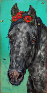 "Dapple Grey with a Pop of Red," by Angie Rees 10 x 20 - acrylic $1150 (unframed panel with 1 1/2″ edges)