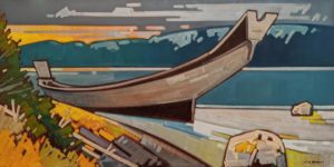 SOLD "North Pacific Dugout," by Cameron Bird 30 x 60 - oil $5600 (thick canvas wrap)