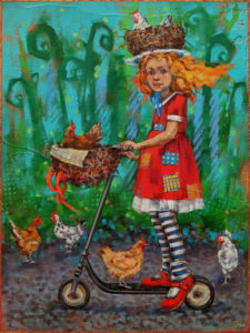 SOLD "Special Eggspress Delivery," by Angie Rees 12 x 16 - acrylic $1075 (unframed panel with 1 1/2″ edges)