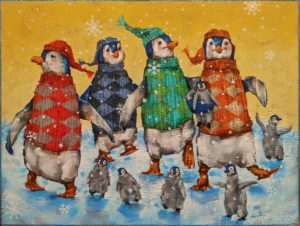 "Winter Waddle," by Angie Rees 12 x 16 - acrylic $1075 (unframed panel with 1 1/2″ edges)