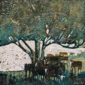 SOLD “Hawthorn and Cattle,” by Lee Caufield 12 x 12 – acrylic $625 (thick canvas wrap)