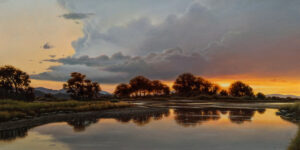 SOLD "Sunrise on the River," by Ray Ward 18 x 36 - oil $3850 (thick canvas wrap)